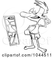 Royalty Free RF Clip Art Illustration Of A Cartoon Black And White Outline Design Of A Scrawny Man Flexing By A Mirror by toonaday