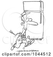 Poster, Art Print Of Cartoon Black And White Outline Design Of A Mover Carrying A Fridge