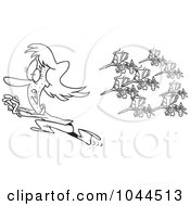 Royalty Free RF Clip Art Illustration Of A Cartoon Black And White Outline Design Of A Woman Running From A Swarm Of Mosquitoes by toonaday