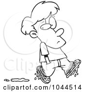 Poster, Art Print Of Cartoon Black And White Outline Design Of A Boy Leaving Muddy Footprints