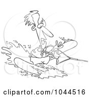 Poster, Art Print Of Cartoon Black And White Outline Design Of A Clumsy Man Water Skiing
