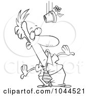 Royalty Free RF Clip Art Illustration Of A Cartoon Black And White Outline Design Of A Flower Pot Falling On A Businessman