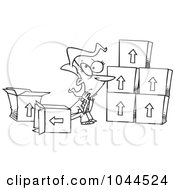 Poster, Art Print Of Cartoon Black And White Outline Design Of A Sad Woman Sitting By Moving Boxes