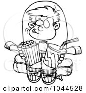 Poster, Art Print Of Cartoon Black And White Outline Design Of A Boy With Movie Snacks