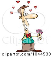 Poster, Art Print Of Cartoon Sweet Man Holding Out Flowers