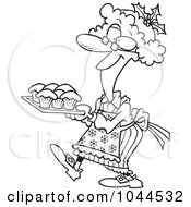 Royalty Free RF Clip Art Illustration Of A Cartoon Black And White Outline Design Of A Mrs Claus Baking Cupcakes by toonaday