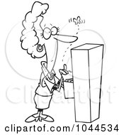 Poster, Art Print Of Cartoon Black And White Outline Design Of A Businesswoman Watching A Moth Emerge From A Filing Cabinet