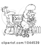 Royalty Free RF Clip Art Illustration Of A Cartoon Black And White Outline Design Of Welcoming Neighbors By A Sold House by toonaday