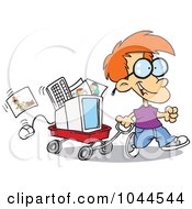 Cartoon Geeky Boy Moving His Computer In A Wagon