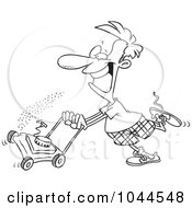 Royalty Free RF Clip Art Illustration Of A Cartoon Black And White Outline Design Of A Man Mowing His Lawn by toonaday