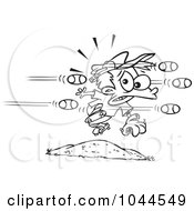 Royalty Free RF Clip Art Illustration Of A Cartoon Black And White Outline Design Of Baseballs Flying At A Little Boy
