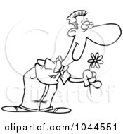 Royalty Free RF Clip Art Illustration Of A Cartoon Black And White Outline Design Of A Sweet Man Holding Out A Flower