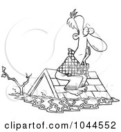 Cartoon Black And White Outline Design Of A Flood Survivor Sittin On His Roof