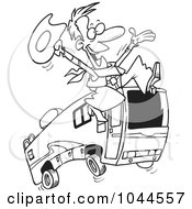 Cartoon Black And White Outline Design Of A Cowboy Leaping By A Motorhome