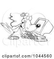 Poster, Art Print Of Cartoon Black And White Outline Design Of A Mouse Using A Computer