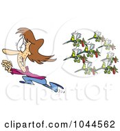 Cartoon Woman Running From A Swarm Of Mosquitoes