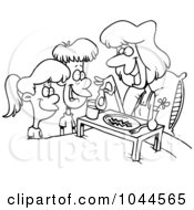 Royalty Free RF Clip Art Illustration Of A Cartoon Black And White Outline Design Of Children Serving Their Mom Breakfast In Bed