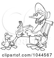 Royalty Free RF Clip Art Illustration Of A Cartoon Black And White Outline Design Of A Mother Goose Reading To Goslings by toonaday