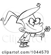 Royalty Free RF Clip Art Illustration Of A Cartoon Black And White Outline Design Of A Sweet Girl Giving A Daisy