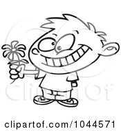 Poster, Art Print Of Cartoon Black And White Outline Design Of A Sweet Boy Giving A Daisy