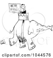 Royalty Free RF Clip Art Illustration Of A Cartoon Black And White Outline Design Of A Man Carrying A Were Moving Sign On An Elephant