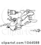 Poster, Art Print Of Cartoon Black And White Outline Design Of A Woman Chasing A Mouse