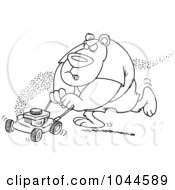 Poster, Art Print Of Cartoon Black And White Outline Design Of A Bear Mowing His Lawn