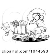 Poster, Art Print Of Cartoon Black And White Outline Design Of A Geeky Boy Moving His Computer In A Wagon