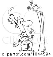 Royalty Free RF Clip Art Illustration Of A Cartoon Black And White Outline Design Of A Flower Pot Falling Over Onto A Businessman