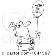 Cartoon Black And White Outline Design Of A Man Holding An Over The Hill Balloon