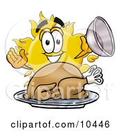 Sun Mascot Cartoon Character Serving A Thanksgiving Turkey On A Platter by Mascot Junction