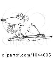 Royalty Free RF Clip Art Illustration Of A Cartoon Black And White Outline Design Of A Mouse Holding Cheese By A Trap by toonaday