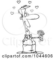Royalty Free RF Clip Art Illustration Of A Cartoon Black And White Outline Design Of A Sweet Man Holding Out Flowers