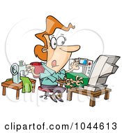 Cartoon Woman Sewing And Working At The Same Time