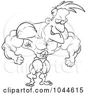 Royalty Free RF Clip Art Illustration Of A Cartoon Black And White Outline Design Of A Bodybuilder Flexing