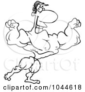 Royalty Free RF Clip Art Illustration Of A Cartoon Black And White Outline Design Of A Fleding Bodybuilder