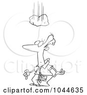 Royalty Free RF Clip Art Illustration Of A Cartoon Black And White Outline Design Of A Rock Falling Over A Businessman