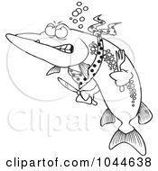 Royalty Free RF Clip Art Illustration Of A Cartoon Black And White Outline Design Of A Hungry Muskie Fish