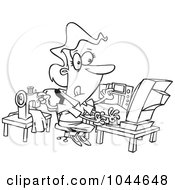 Cartoon Black And White Outline Design Of A Woman Sewing And Working At The Same Time