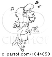 Royalty Free RF Clip Art Illustration Of A Cartoon Black And White Outline Design Of A Woman Dancing And Listening To Music