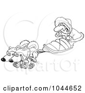 Royalty Free RF Clip Art Illustration Of A Cartoon Black And White Outline Design Of A Man With Sled Dogs by toonaday