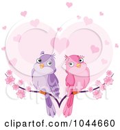 Royalty Free RF Clip Art Illustration Of A Pair Of Doves On A Branch Over A Heart With Blossoms by Pushkin