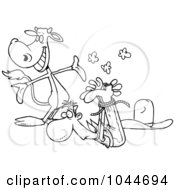 Cartoon Black And White Outline Design Of A Cow Presenting A Roped Up Cowboy