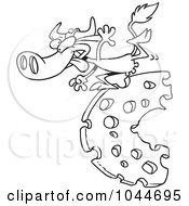 Royalty Free RF Clip Art Illustration Of A Cartoon Black And White Outline Design Of A Cow Running On Cheese