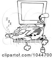Poster, Art Print Of Cartoon Black And White Outline Design Of A Calico Cat Napping On A Keyboard
