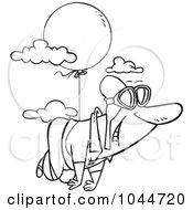 Royalty Free RF Clip Art Illustration Of A Cartoon Black And White Outline Design Of A Man Floating Through The Sky With A Balloon by toonaday