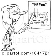 Cartoon Black And White Outline Design Of A Female Foot Doctor Pointing At A Chart