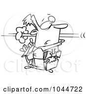 Cartoon Black And White Outline Design Of A Person Flying By A Businessman