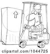Poster, Art Print Of Cartoon Black And White Outline Design Of A Forklift Operator Moving A Box