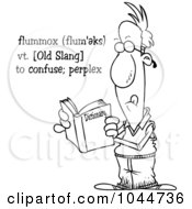 Royalty Free RF Clip Art Illustration Of A Cartoon Black And White Outline Design Of A Man Reading The Definition Of Flummox In The Dictionary by toonaday